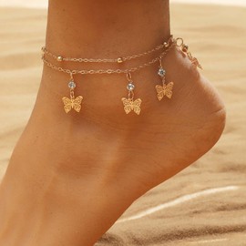 Inilbran Boho Layered Butterfly Ankle Bracelet Vintage CZ Foot Chain Butterfly Dangle Ankle Bracelet Gold Ball Chain Anklet Bracelet Jewelry for Women and Girls