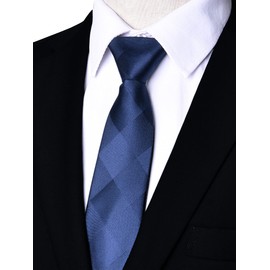 WANYING Men's 2.75''/ 7cm Narrow Tie Pre-Tied with Zipper Security Safety Slim Necktie Neckwear Casual Business Length 18.89''/ 48cm - Checkered Dark Blue