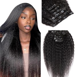 Kinky Straight Clip-In Real Hair Extensions, 120 g, 6 Pieces, Real Hair Extensions, Clip-In Remy Clip-In Extensions, Natural Hair (Natural Kinky Straight, 26 Inches)