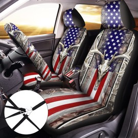 Frienda 10 Pcs American Flag Wood Deer Skull Camo Car Accessories Set 4th of July Patriotic Seat Covers Steering Wheel Cover Keyring Cup Holder Armrest Pad Seat Belt Pads Wrist Strap for Truck