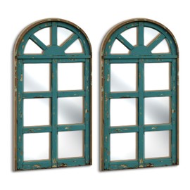 Putuo Decor Set of 2 Vintage Arch Window Frame Wall Decor with Acrylic Mirror Rustic Farmhouse Style for Living Room Bedroom Entryway Hallway Distressed Turquoise