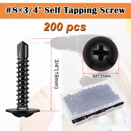 weideer 200pcs #8×3/4" Self Tapping Screws for Metal, Sheet Metal Screws, 410 Stainless Steel Black Oxide Truss Head Screw,Self Drilling Screws,Quick Tapping Screw with Screwdriver Bit