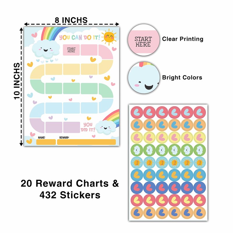 20 Rainbow Reward Chart with 432 Round Stickers, Incentive Behavior