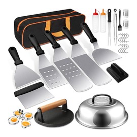 Griddle Accessories Kit, Terlulu 29 PCS Flat Top Grill Accessories for Blackstone and Camp Chef, Metal Spatula Set with Burger Press, Melting Dome, Scraper, Tongs, Carry Bag for Outdoor Grilling BBQ