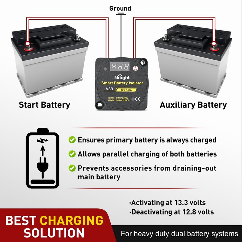 Nilight 12V 140 AMP Dual Battery Isolator Auto Manual Voltage