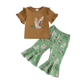 Chloefairy Toddler Baby Girl Hunting Clothes Mallard Duck T Shirt Bell Bottom Flare Pants Set 2Pcs Girls Summer Outfits (Coffee, 12-18 Months)