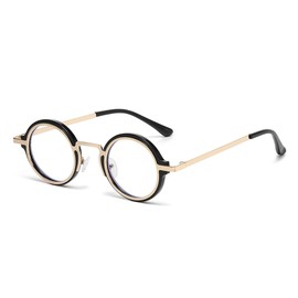Onrtry Fashion Small Round Blue Light Blocking Glasses for Women Men Metal Frame Eyewear Glasses(Black&Gold)