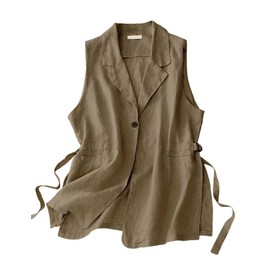 IDEALSANXUN Cotton Linen Vest for Women Sleeveless Blazers Oversized Lightweight Cardigans Spring Summer Jacket Waistcoat, Khaki, L