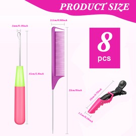 Juego de 8 piezas de ganchillo, aguja de ganchillo, peine para el pelo, incluye 2 piezas de aguja de ganchillo de plástico, 4 piezas de pinzas de pelo de cocodrilo, 2 piezas de peine de cola de rata, para juegos de herramientas de cabello, trenzas y exte