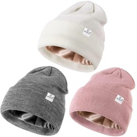SENPUKI 3 Pack Satin Lined Winter Beanie Hats for Women Men,Silk Lined Beanie Knit Soft Warm Cuffed Hat(Pink+White+Light Gray)