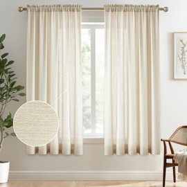 Melodieux Beige Semi Sheer Curtains 63 Inch Length for Bedroom Living Room, Farmhouse Linen Texture Light Filtering Home Office Shiny Sheer Drapes Rod Pocket, 52" W x 63" L, 2 Panels