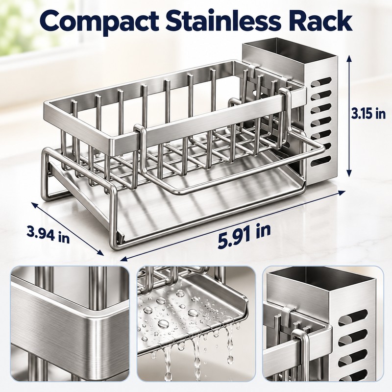 Stainless Steel Sink Cleaning Tools Storage Rack – Multifunctional Drainable