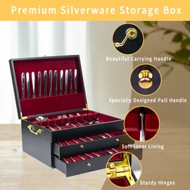 Silverware Storage Box,3 Layers Wooden Silverware Chest with Drawer,Silverware Case with Handle and Felt Lined,15.35" x 11.41" Flatware and Utensil Organizer(Flatware Not Included) (Black) | WodGod