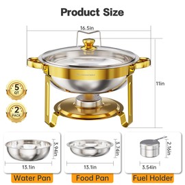 Chafing Dishes for Buffet Set 2 Pack, 5QT Round Dish Buffet Servers and Warmers with Glass Lid High Grade Stainless Steel Food Warmers for Parties, Christmas Gatherings, Weddings, Catering, Gold