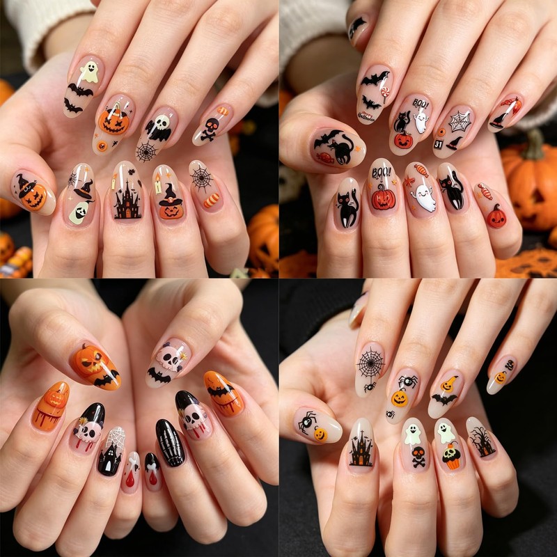 6 Pcs Halloween Nail Art Stickers Pumpkin Ghosts Bat Spider