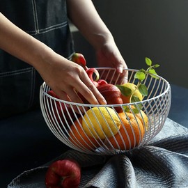 NORHOR Metal Fruit Basket, Iron Wire Fruit Basket, Fruit Bowls, Fruit and Vegetable Storage Basket with Wave Shape Design for Kitchen- Decorative Countertop Centerpiece (White oblique)