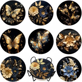 8 Pcs 5D Diamond Painting Coasters Kits with Holder,Flower Diamond Art Coasters Set for Drinks Coffee Table, Diamond Painting kit for Beginners Adults DIY Art Craft Gifts Home Decors(Butterfly)