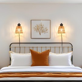 Boho Plug in Wall Sconce Set of 2 – Black Farmhouse Wall Lights with Rattan Shade | Bedroom & Living Room Plug in Wall Lamps for Sofa (5.9FT On/Off Switch Cord)