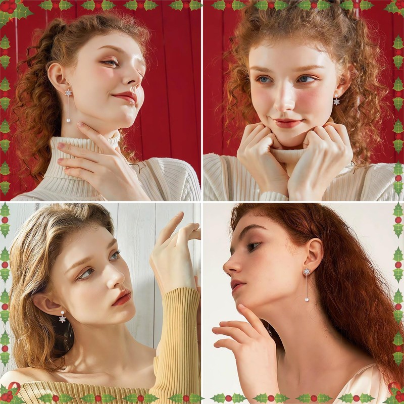 Hasnsofie Silver Christmas Earrings Hanging, 925 Sterling Silver Snowflake Stud