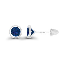 Solid 14K White Gold 4mm Round Created Blue Sapphire September Birthstone Bezel Screw Back Stud Earrings