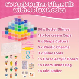 YasTant 56 Pack Butter Slime Kit for Girls and Boys Ages 3-12, Non Sticky Kids Slime Kits 3-12, Small Slime Party Favors with Charms, Cutters, and 4 Creative Playing Modes