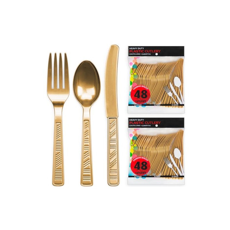 DecorRack Plastic Cutlery Set, Gold Colored Plastic Silverware Sets for