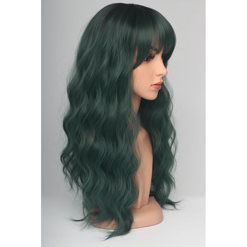 24 Inch Forest Green Wavy Wig with Bangs, Heat Resistant