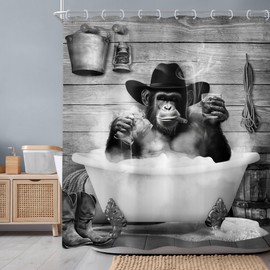 Newsely Funny Monkey Shower Curtain 60Wx72H Inch Western Cowboy Chimpanzee in Bathtub Black White Animal Wildlife Shower Curtain Bathroom Set Boys Men Waterproof Bath Decoration Accessories Home Decor