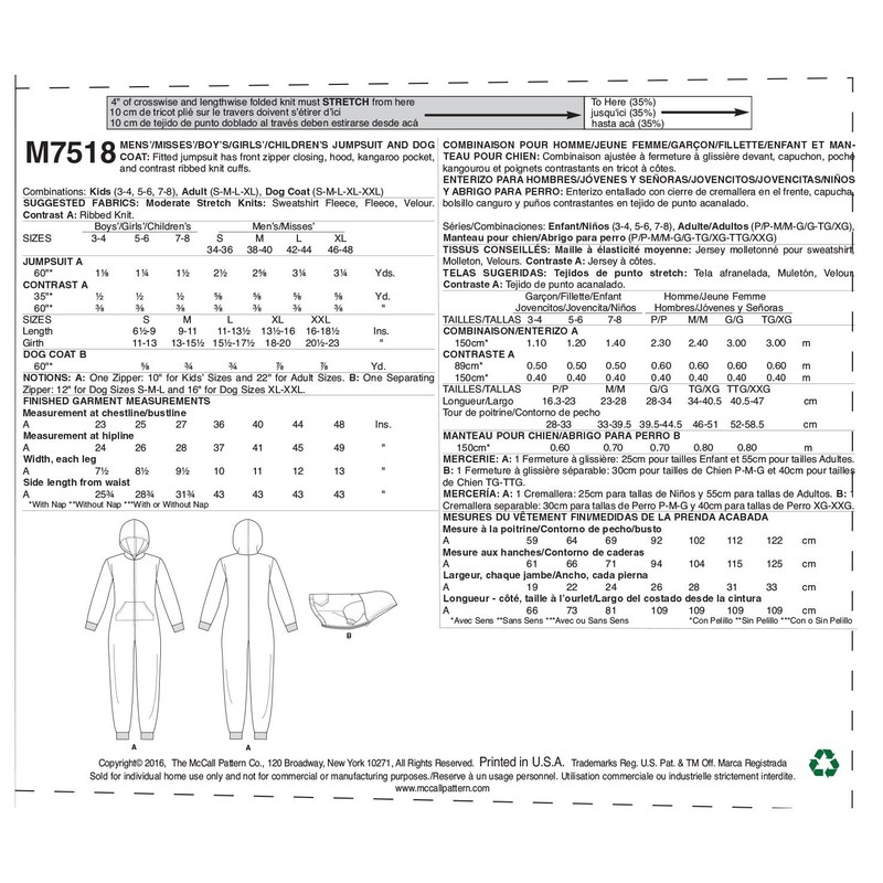McCall's Patterns Mens/Misses/Boy's/Girls/Child Jumpsuit and Dog Coat, Multi-Colour, Sizes S-XL