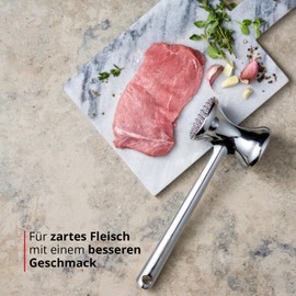 MEISTERKOCH Meat Tenderiser Double-Sided Silver Meat Hammer Aluminium Metal 6 cm Diameter Comfortable Handle with Hanging Eyelet for Cutlets, Steak, Beef, Dishwasher Safe