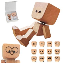 Shaking Wooden Man Figurine, Car Accessories for Men, Wooden Dashboard Ornament with 12 Magnetic Expressions, Funny Gifts for Men, Auto Decor Action Figure, Creative Car Gifts for Drivers, Friends