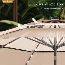 Sophia & William 10ft Patio Umbrellas 3-Tier Umbrella Outdoor Patio Umbrellas with Lights Vented Top 24 LED lights Adjustable Tilt for Pool Garden Backyard, Mixed Beige