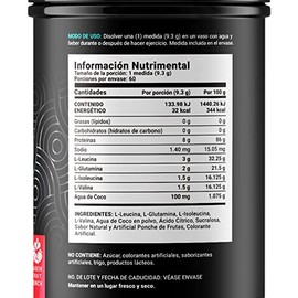 BCAAs con Glutamina en polvo con 60 Porciones. Leucina, Isoleucina, Valina, Glutamina y Agua de Coco. BCAAs + Glutamine Sabor FRUIT PUNCH 558 Gramos B