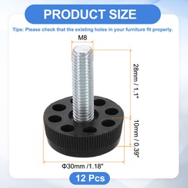 sourcing map 12Pcs M8 Thread Furniture Feet Levelers, 30x28mm Adjustable Leveling Table Feet, Screw on Furniture Glide Leveling for Chair Stool Legs, Black