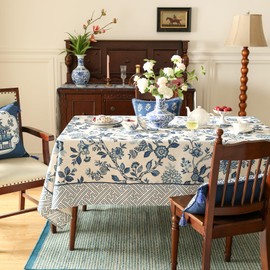 bilin gaier Designer French Linen Rectangle Tablecloth,Blue and White Floral Table Cloth,Wrinkle Free Tablecloths,Decor Table Cover for Kitchen,Dining,Tea Party,Home,Christmas,55"*87"