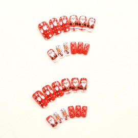 Christmas Press on Nails Medium Square Fake Nails with Red Santa Claus Designs Snowflake Glue on Nails Elk Stick on Nails Reusable Glossy Winter False Nails for Women Girls Holiday Manicure 24pcs