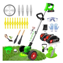 Electric Weed Wacker Eater Cordless Battery Powered, Weed Trimmer 21V Lightweight No-String with 2 Battery Operated & Wheels, 3 in 1 Stringless Grass Trimmer/Edger/Brush Cutter for Garden Yard Lawn