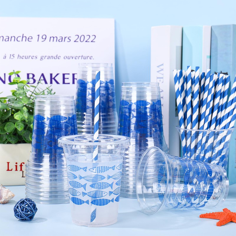 50 Pcs Blue Ocean Fish Plastic Cups with Lids and