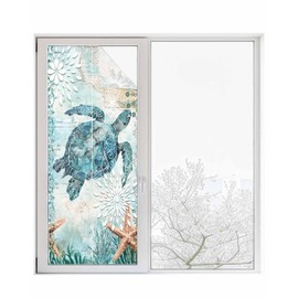 Window Privacy Film Coastal Sea Turtle Teal Stained Glass Window Film Decorative Sun Block Window Cover Summer Nautical Ocean Starfish Window Clings Static Adhesive Sticker for Bathroom 29.5"x78.7"