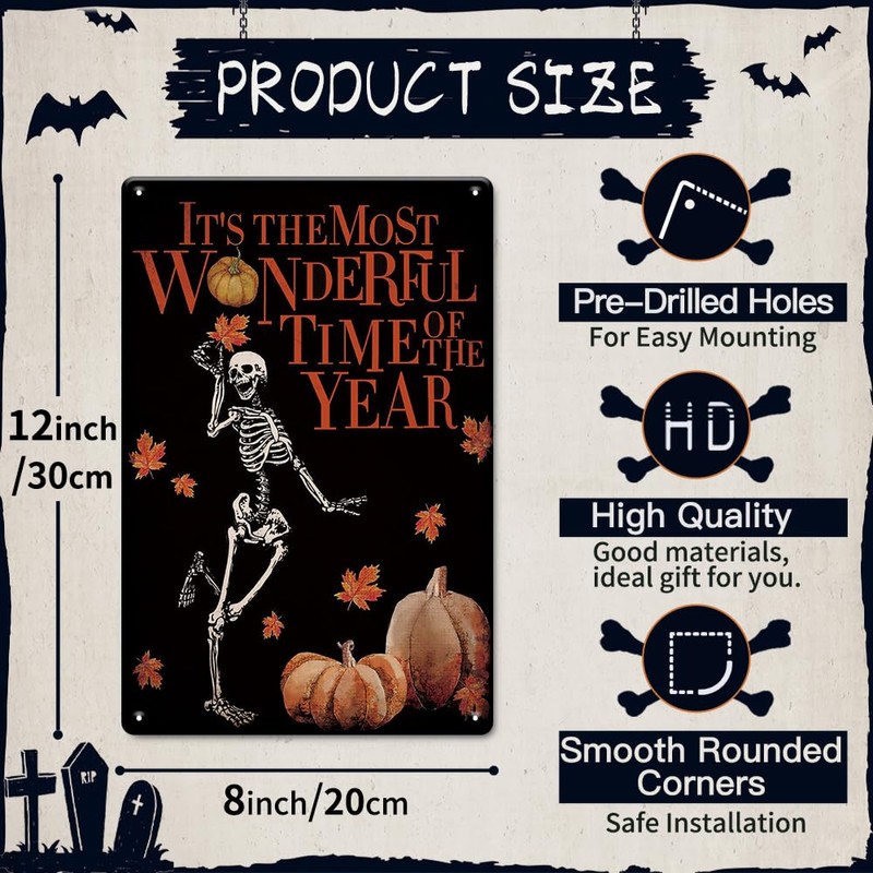 Skeleton Pumpkin Leaf Autumn Seasonal Metal Sign