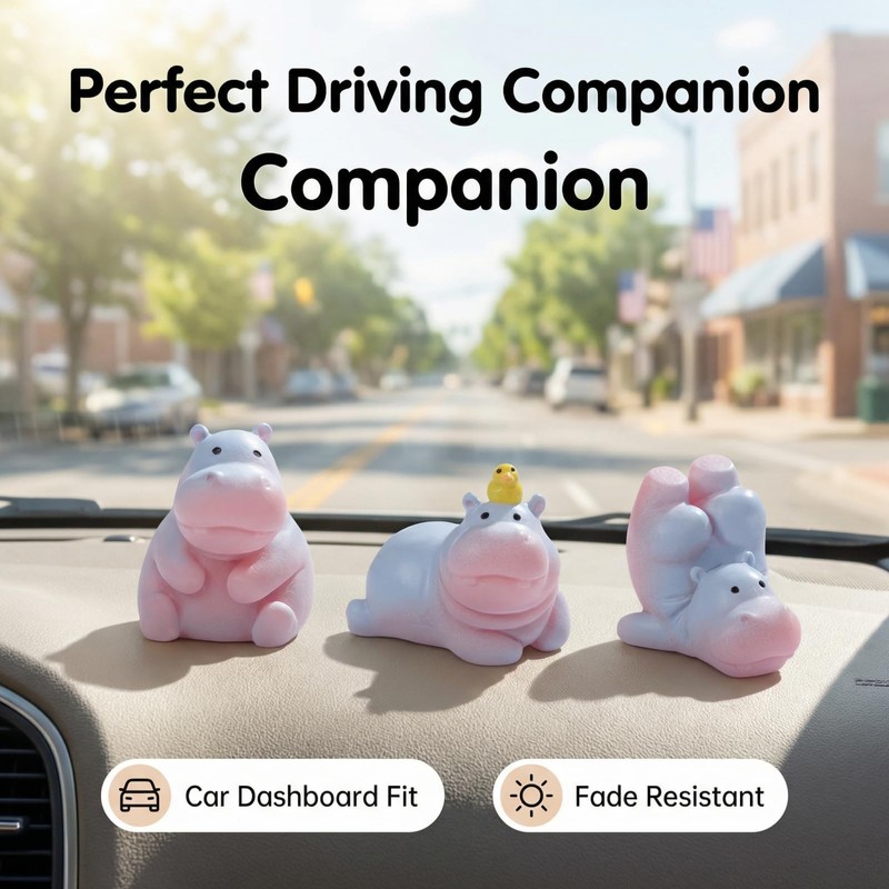 6Pcs Mini Hippopotamus Car Dashboard Figurines Self-Adhesive Cute Animal Decorations