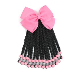 2packs Kids Ponytail With Beads Braids Hair Extension Detachable Synthetic Curly Hairpieces With Bows Protective Easy Hairstyle For Girls Toddlers (Pink, Box-6inch)