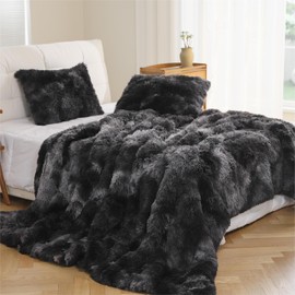 Syalife Plush Fluffy Bedding, Soft Shaggy Comforter Set Queen Size, Faux Fur Tie-dye Dark Grey Shaggy Duvet Cover Set Comforter Cover with Pillow Sham (Queen, Tie-dye Dark Grey)