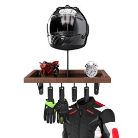 Motorcycle Helmet Holder Wall Mount, Helmet Tray with Glove Clips & Gear Hanger, Heavy-Duty Metal Storage Rack for Motorcycle, Bike, Snowboard, or Sports Helmets, Garage & Entryway Organizer