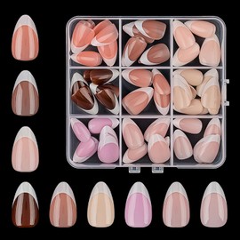 108pcs Almond Press on Nails 9 Color Short Fake Nails Full Cover French Tip Press ones False Nails with designs Acrylic Nails Reusable Stick on Nails for Women Worker Day Manicure Kit