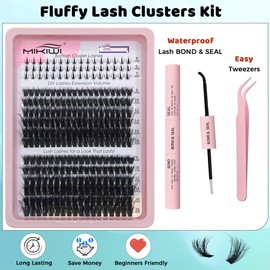 MIKIWI Lash Clusters with Bottom Lashes Kit Fluffy Cluster Eyelash Extensions Kit Wispy 9-16mm D Curl Volume Cluster Lashes with Bond & Seal, Lash Applicators(U01+60D+80D)