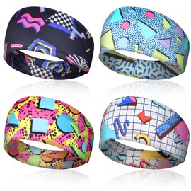 JJUNW 4Pcs 80s 90s Vintage Headbands, Sweat Bands Headbands for Women, Boho Neon Accessories for Men for Hip Hop Party Style Hiking Cycling Running Fitness