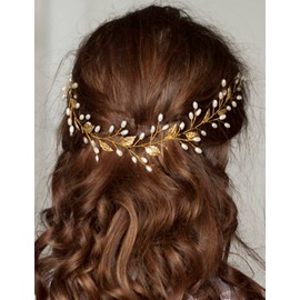 Teyglen Leaf Pearls Headband Hair Vine Handmade Bridal Long Rose Gold Leaves Headband Wedding Hair Accessories for Brides Leaf Hair Pieces Headpieces for Women Girl (Rose Gold)