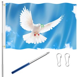 Tatuo Peace Flag 150 x 90 cm Doves Garden Flag Sky Flag Peace Dove Flag with Blue Stainless Steel Flag Pole Hanging Cord and 2 Buckles for Indoor Outdoor Garden Balcony Decoration Accessories