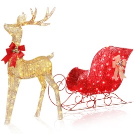 Lighted Christmas Deer Decorations & Sleigh 2 Pcs, Christmas Deer Decoration for Indoor & Outdoor, Christmas Deer Outdoor Decorations - Gold